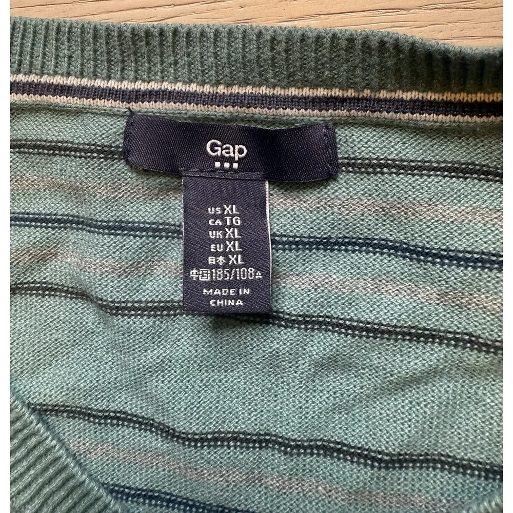 Gap Men's V Neck 100% Cotton Teal, Blk, Gray Striped Sweater. Lightweight. Sz XL